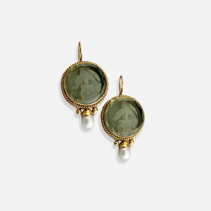 Vintage Rounded Green Stone Pearl Earrings