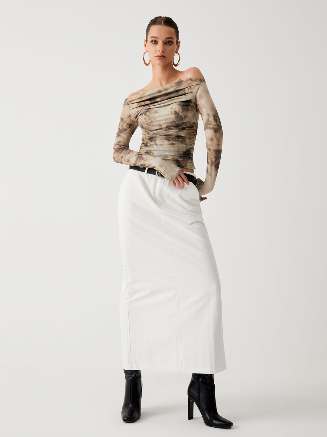 Semi-Sheer Tulle Mesh Off Shoulder Long Sleeve Crop Top