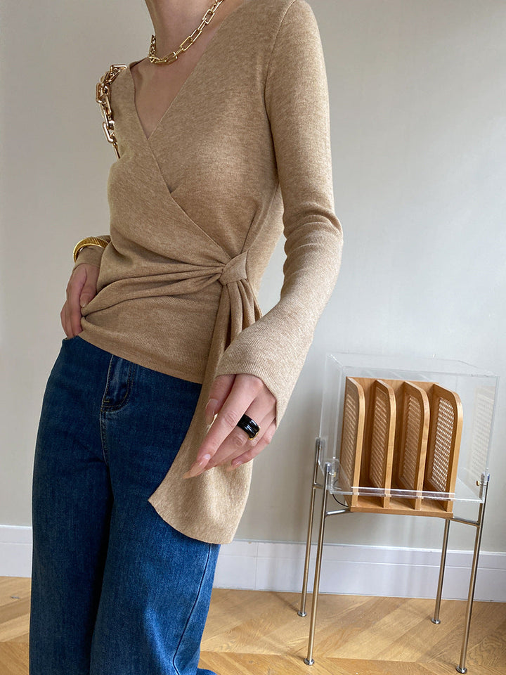 Wrap V-neck Long Sleeve Tie Knit Top