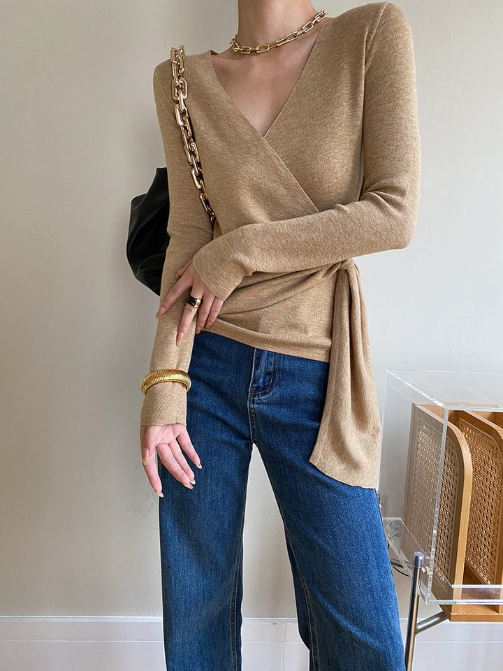 Wrap V-neck Long Sleeve Tie Knit Top