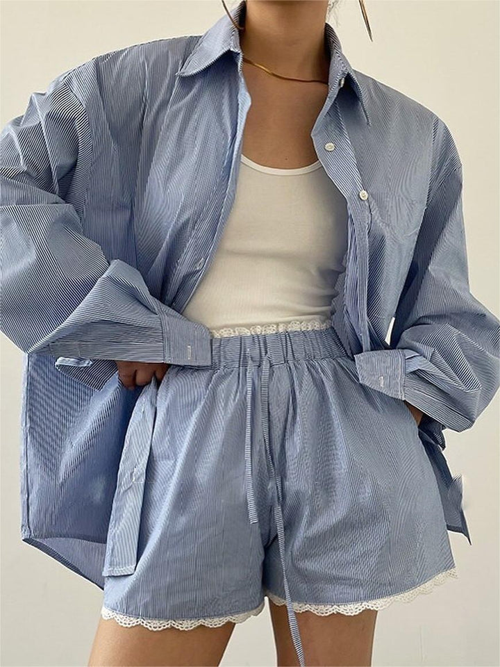 Oversized Stripe Textured Long Sleeve Shorts Set