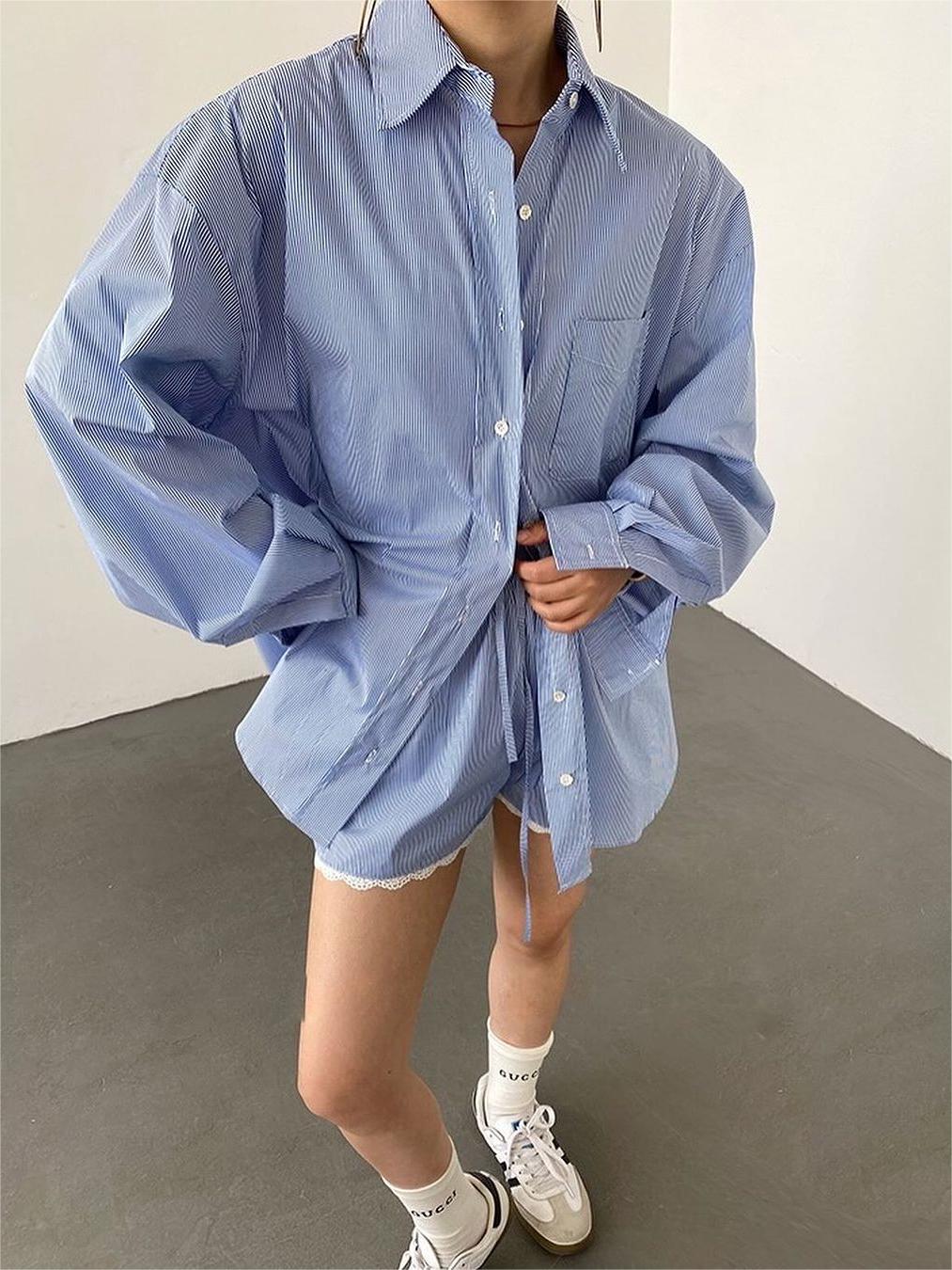 Oversized Stripe Textured Long Sleeve Shorts Set