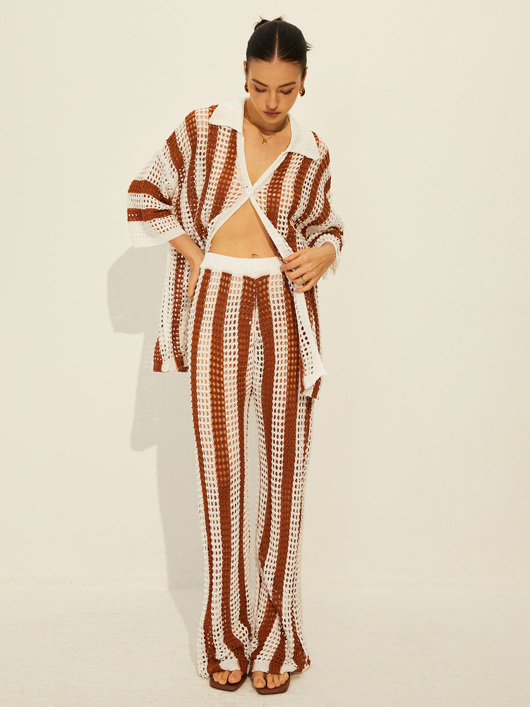 Sheer Stripe Polo Knit Pants Set