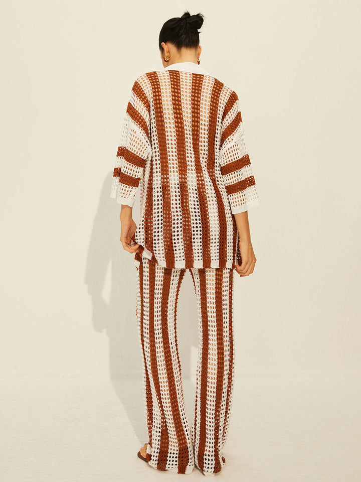 Sheer Stripe Polo Knit Pants Set