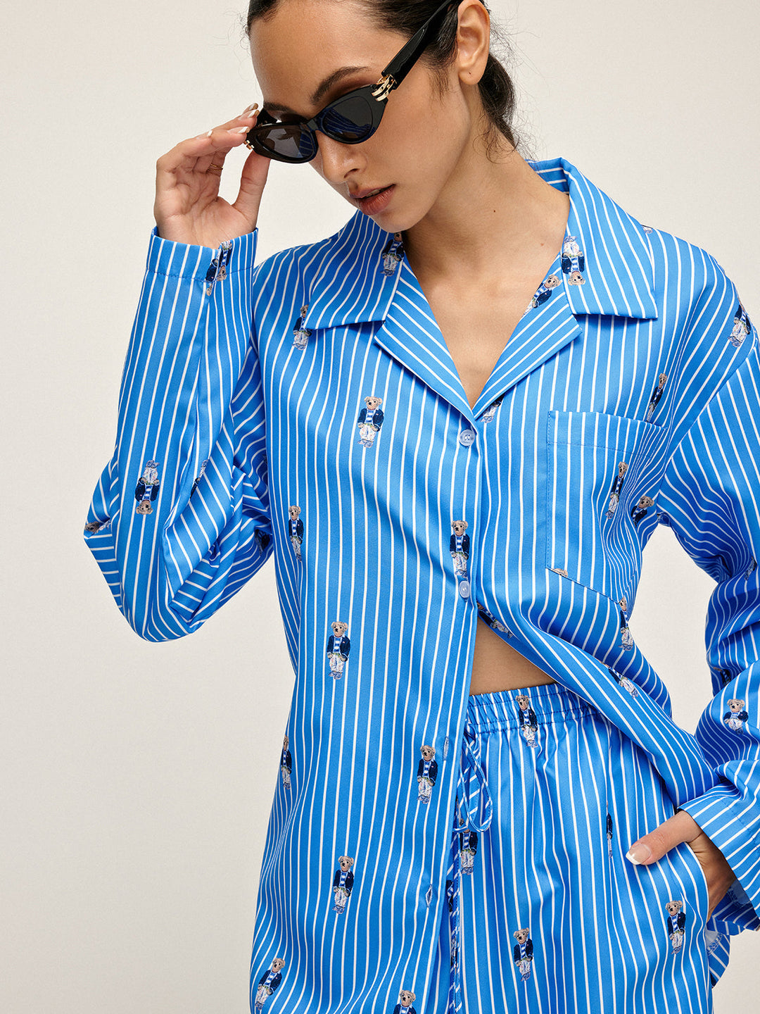 Pinstripe Lapel Printed Pants Set