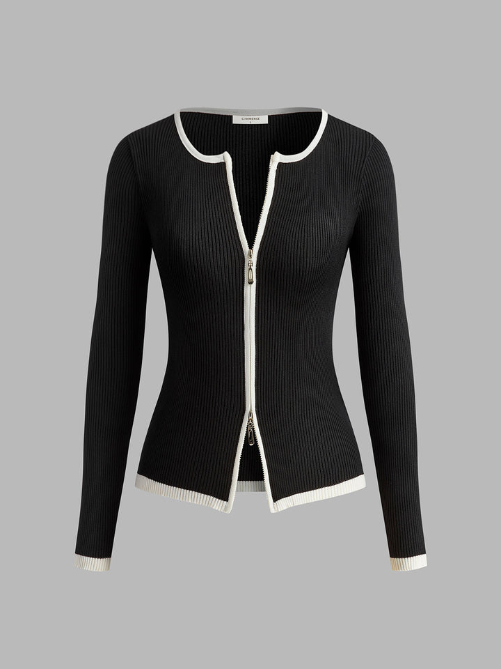 Contrast Trim Double-Zipper Knit Top