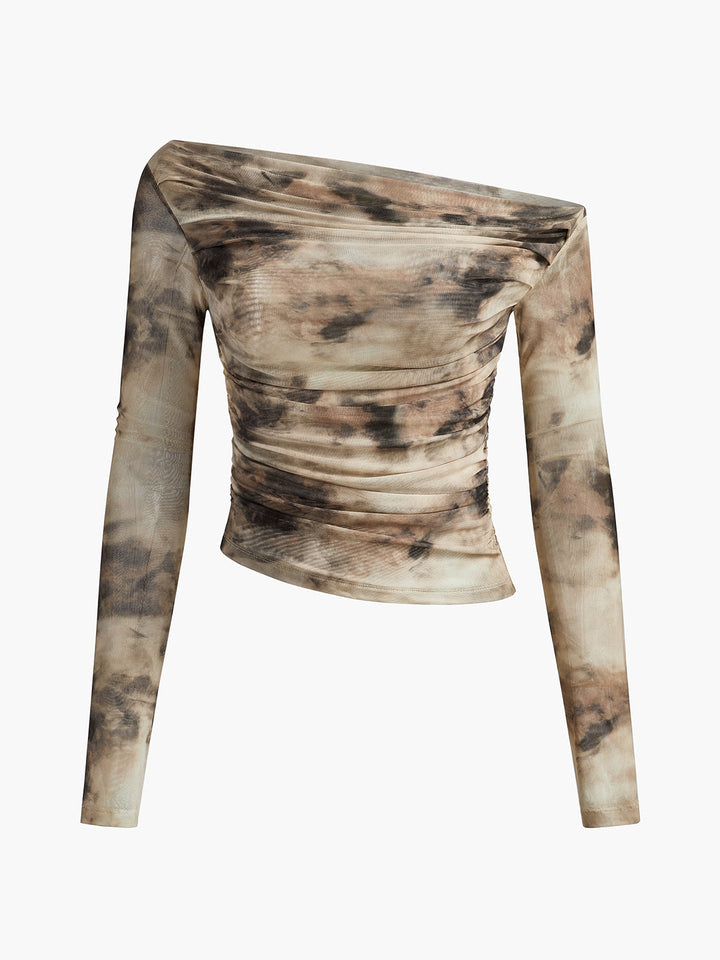 Semi-Sheer Tulle Mesh Off Shoulder Long Sleeve Crop Top