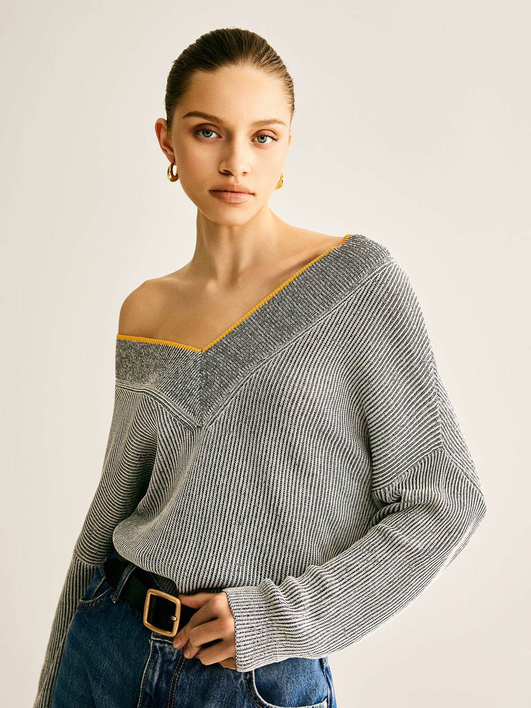 V-Neck Two-Tone Rib Knit Top