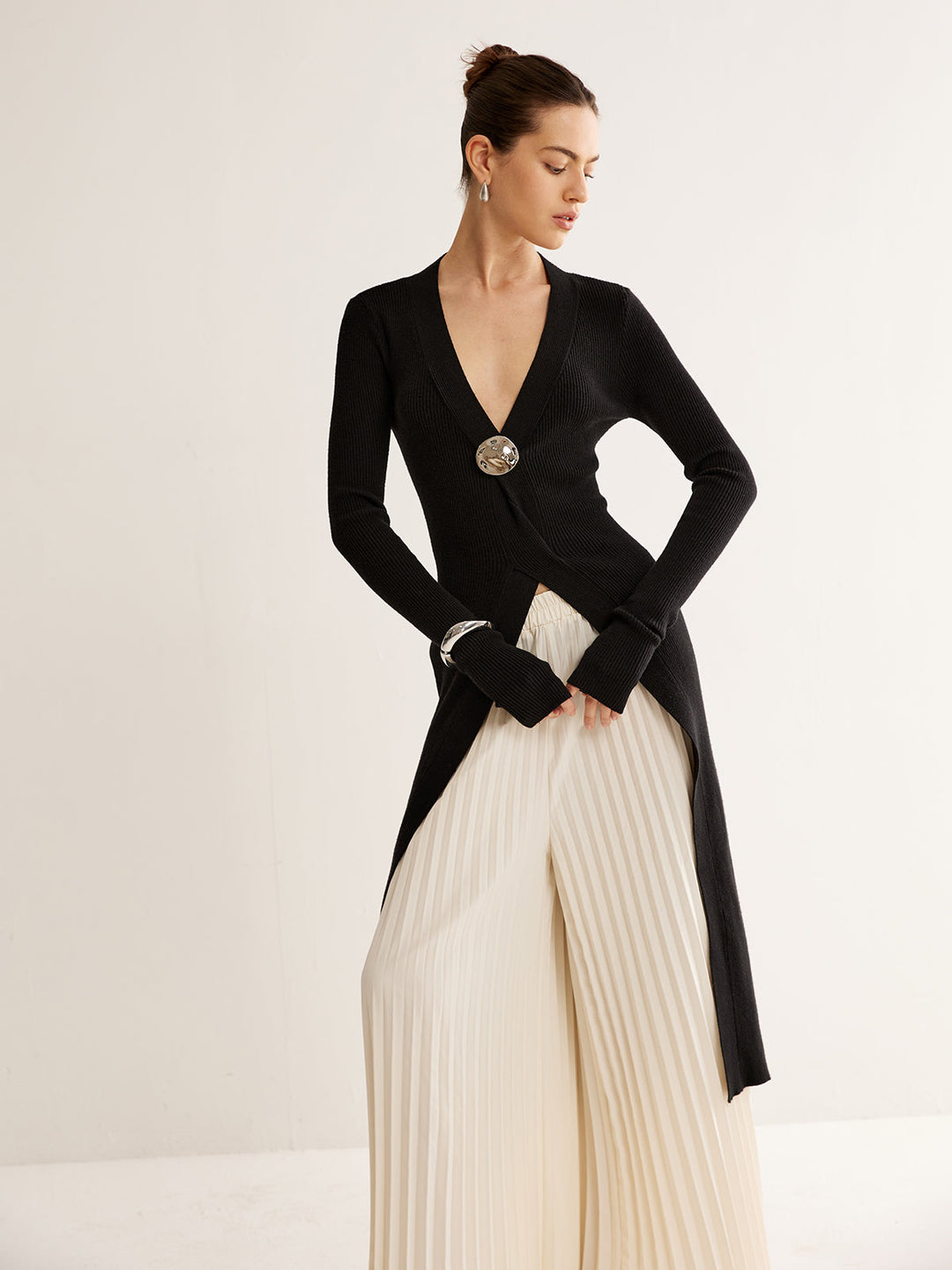 Metal Decor Split Knit Long Top