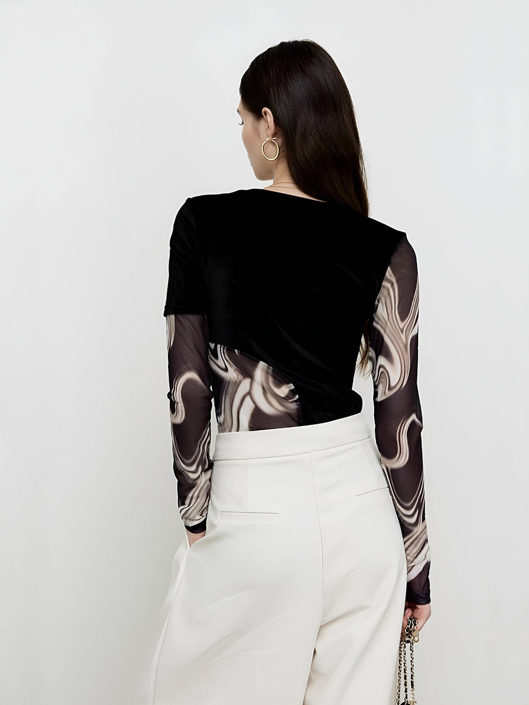 Semi-Sheer Geometric Printed Mesh Jersey Top