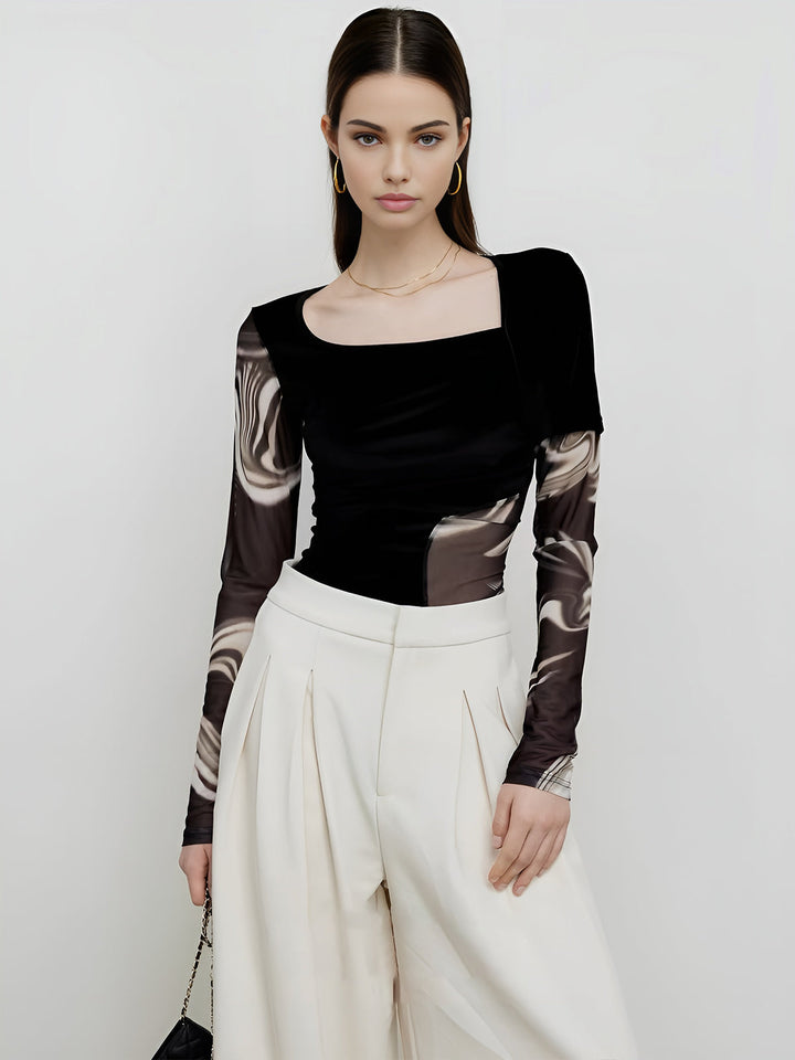 Semi-Sheer Geometric Printed Mesh Jersey Top