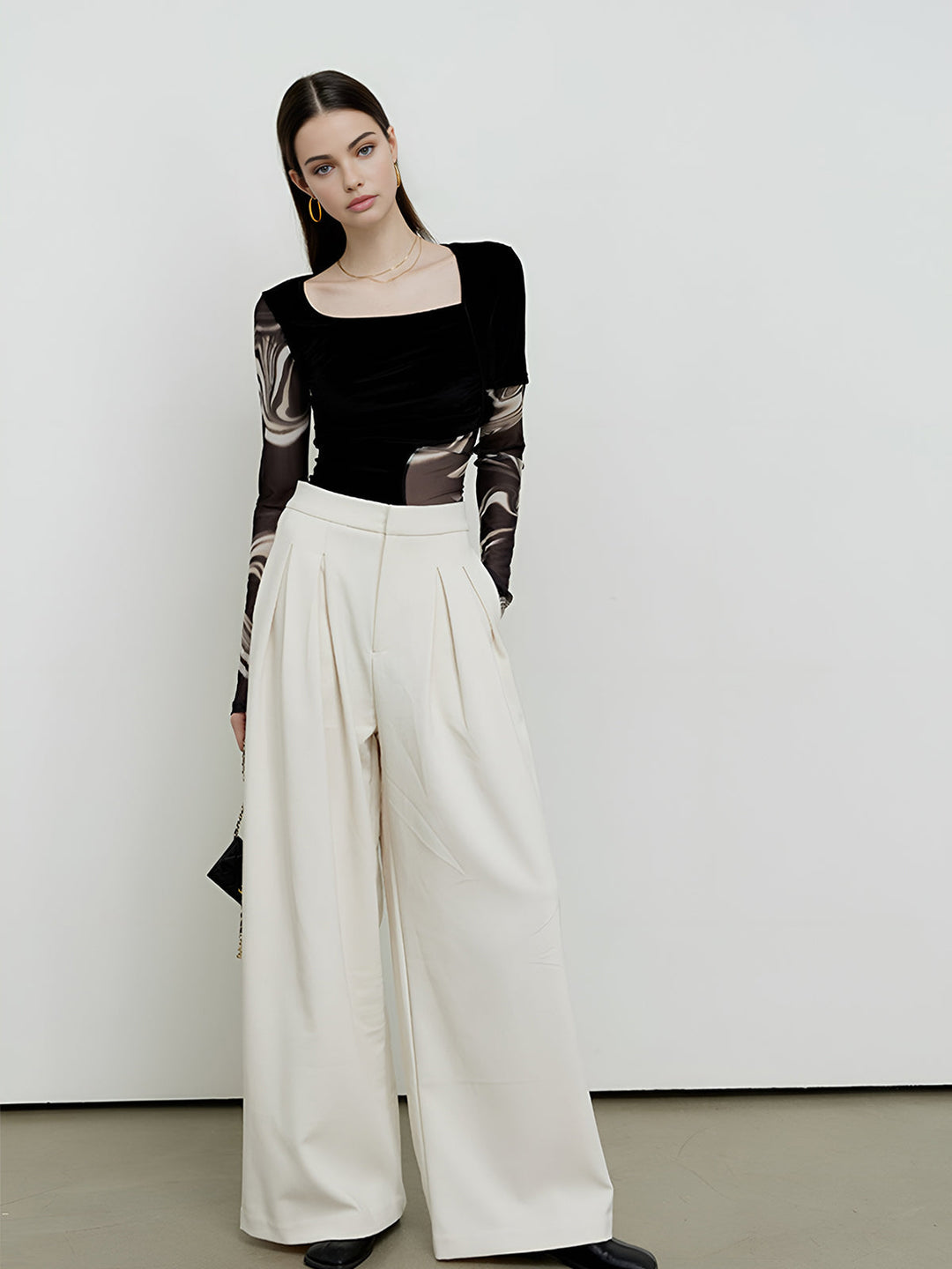 Semi-Sheer Geometric Printed Mesh Jersey Top