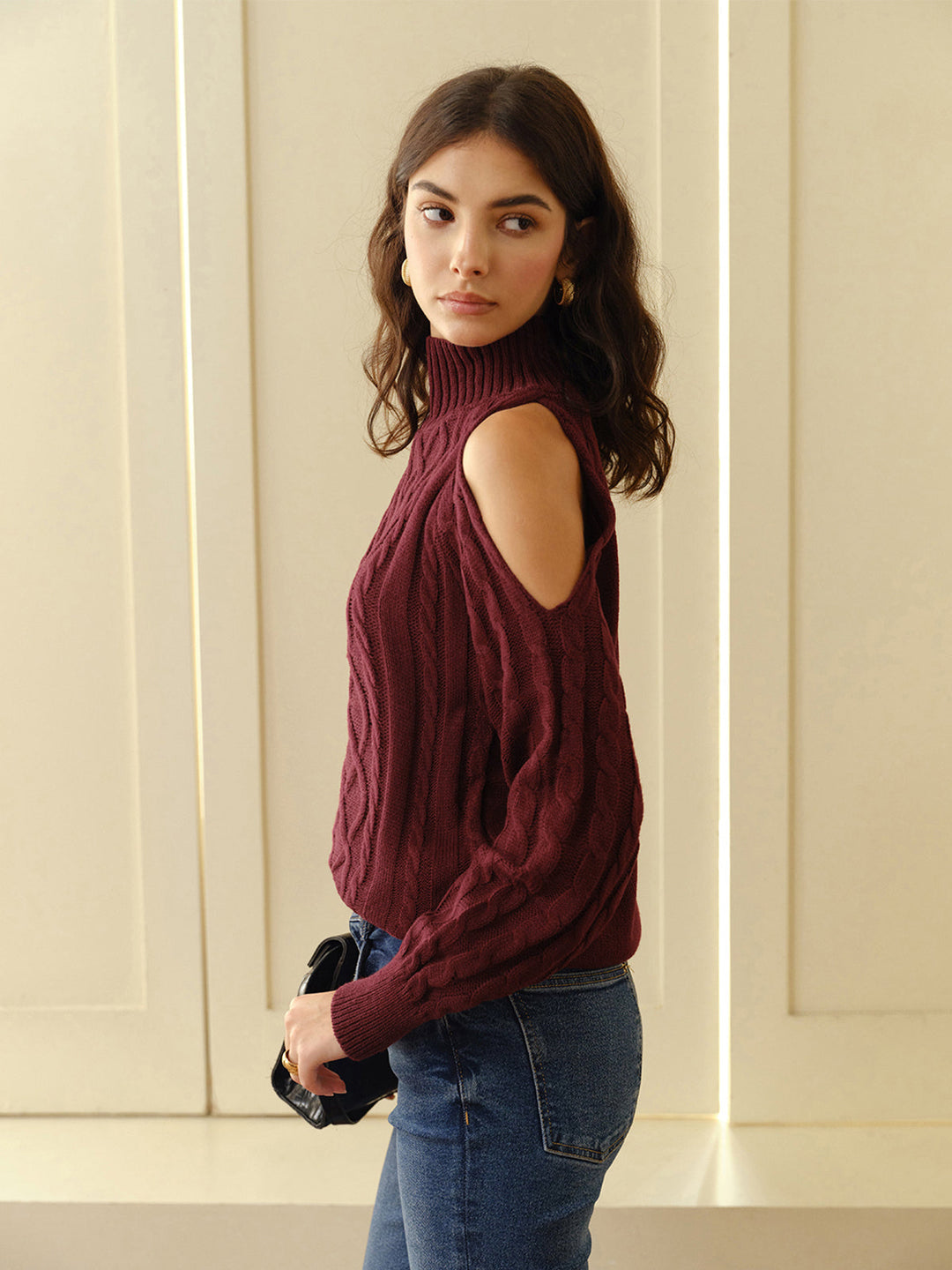 Mock Neck Cold-Shoulder Knit Top