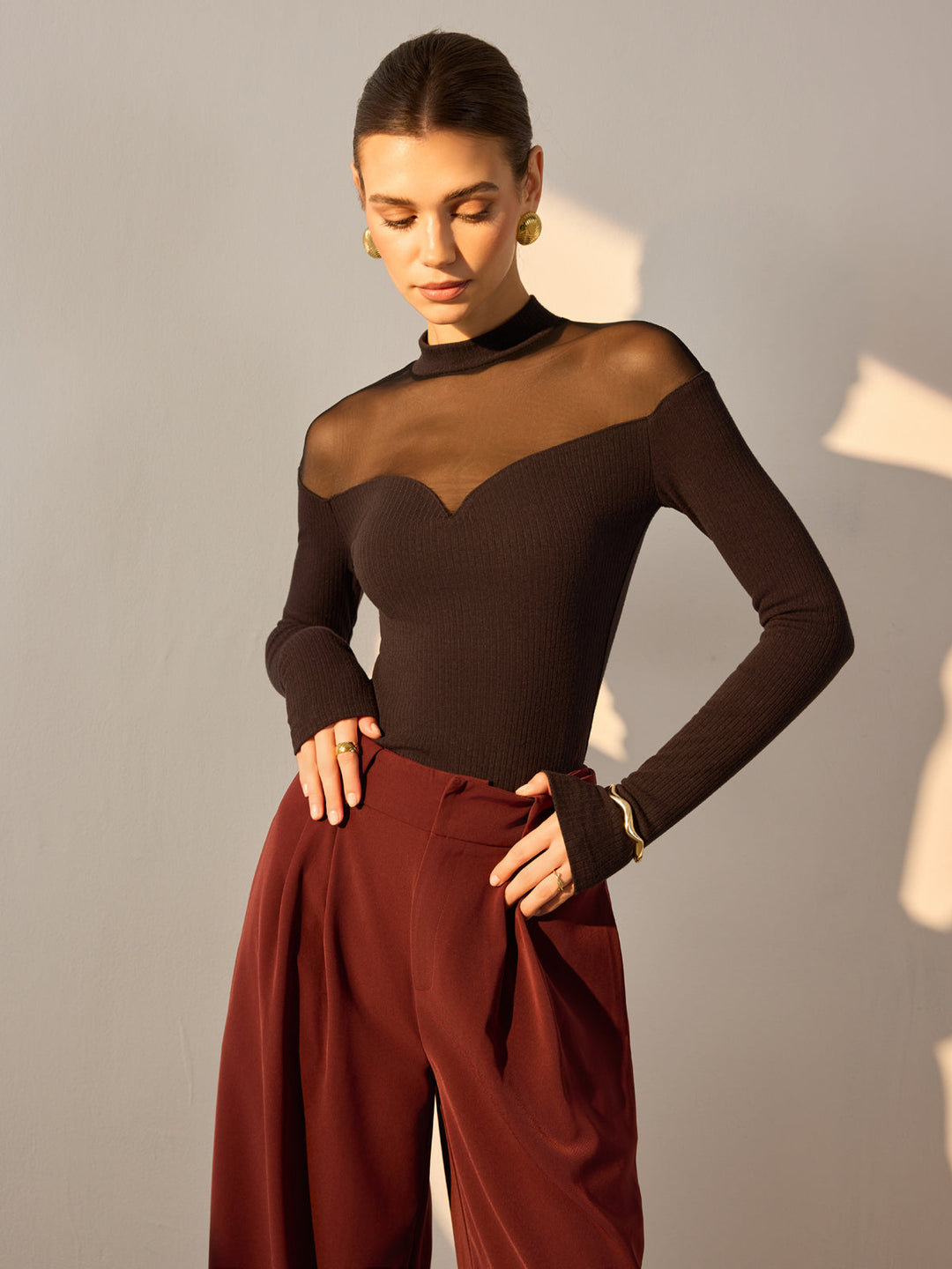 Sheer Mesh-Detail Sweetheart Slim Top