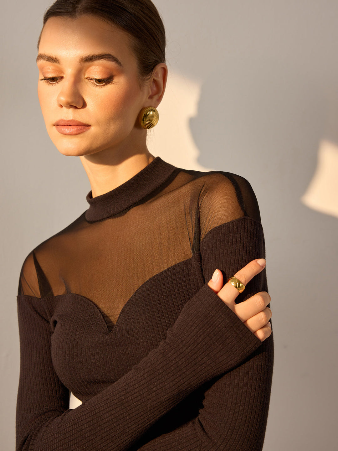 Sheer Mesh-Detail Sweetheart Slim Top