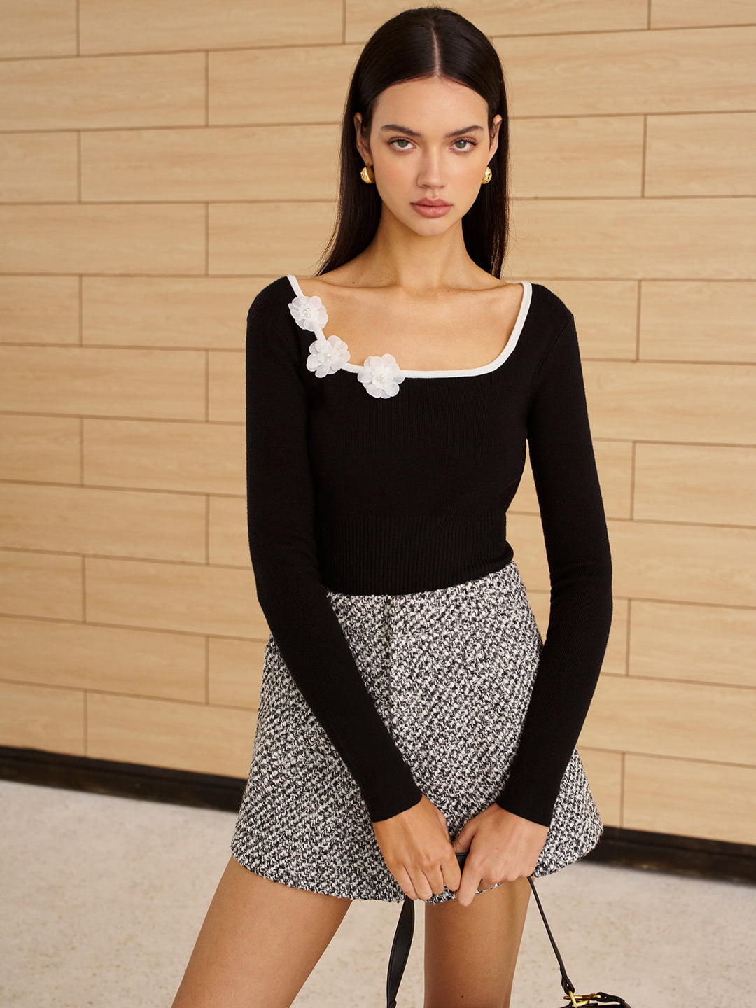 Square Neck 3D Flower Knit Top