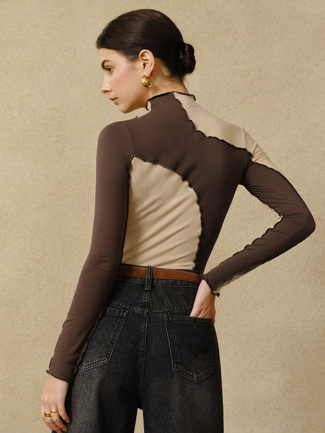 Semi-Sheer Color Block Lettuce Trim Jersey Top