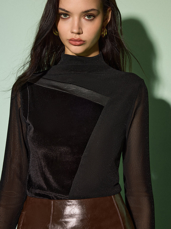 Semi-Sheer Mock Neck Velvet Mesh Slim Top