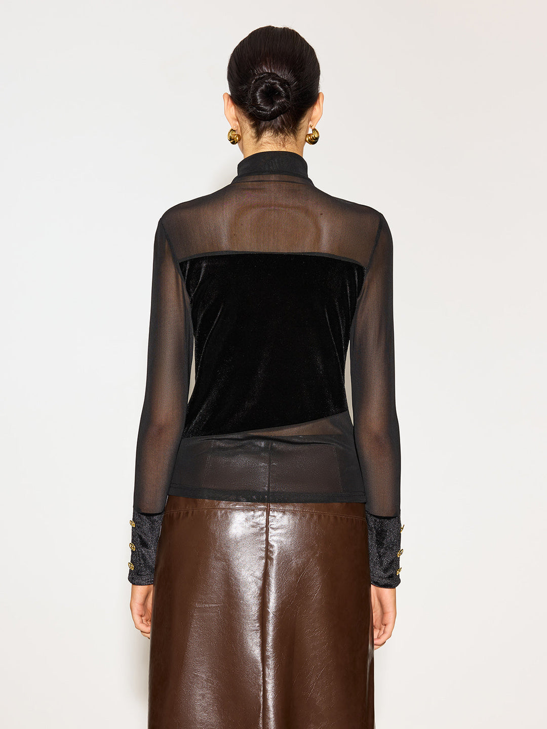 Semi-Sheer Stand Collar Cutout Mesh-Detail Velvet Top