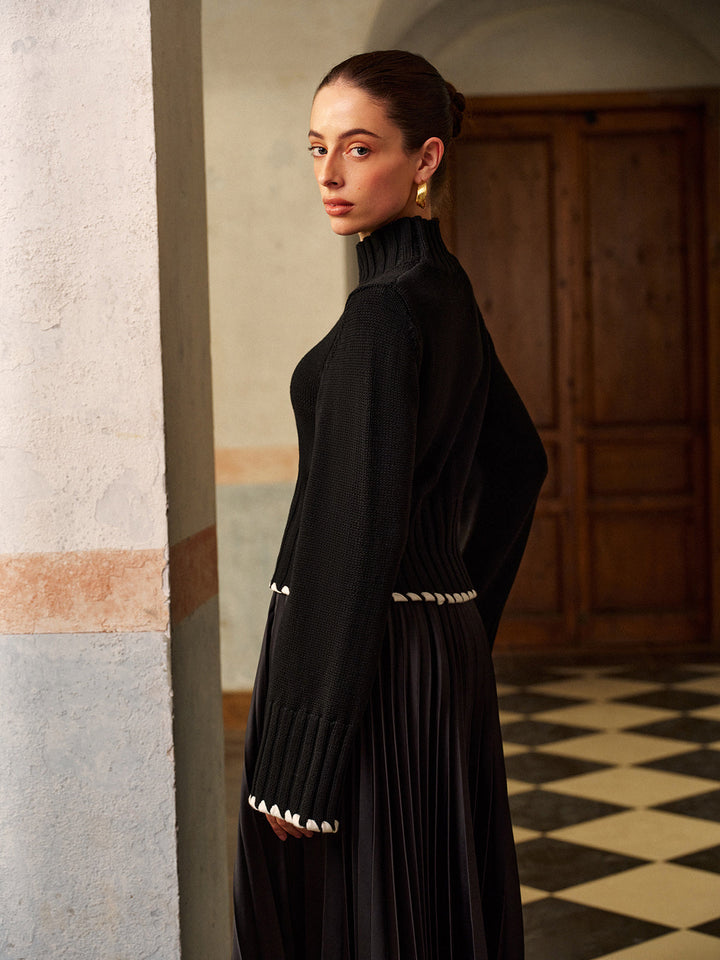 Wool-Blend Contrast Binding Ribbed Knit Top