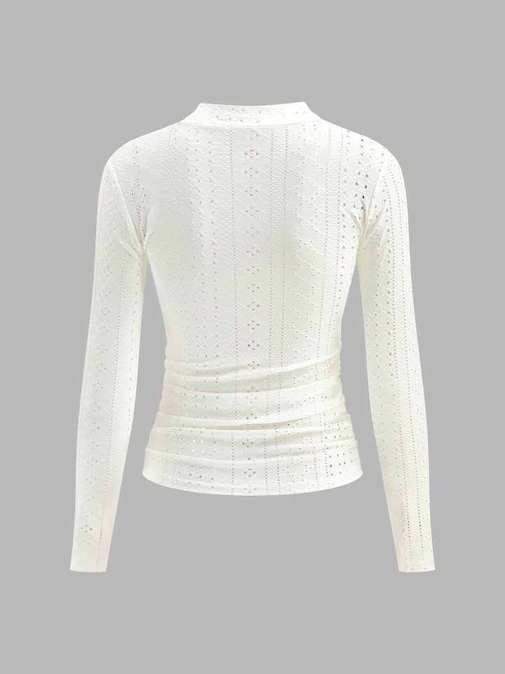 Semi-Sheer Stand Collar Side-Pleated Skinny Top