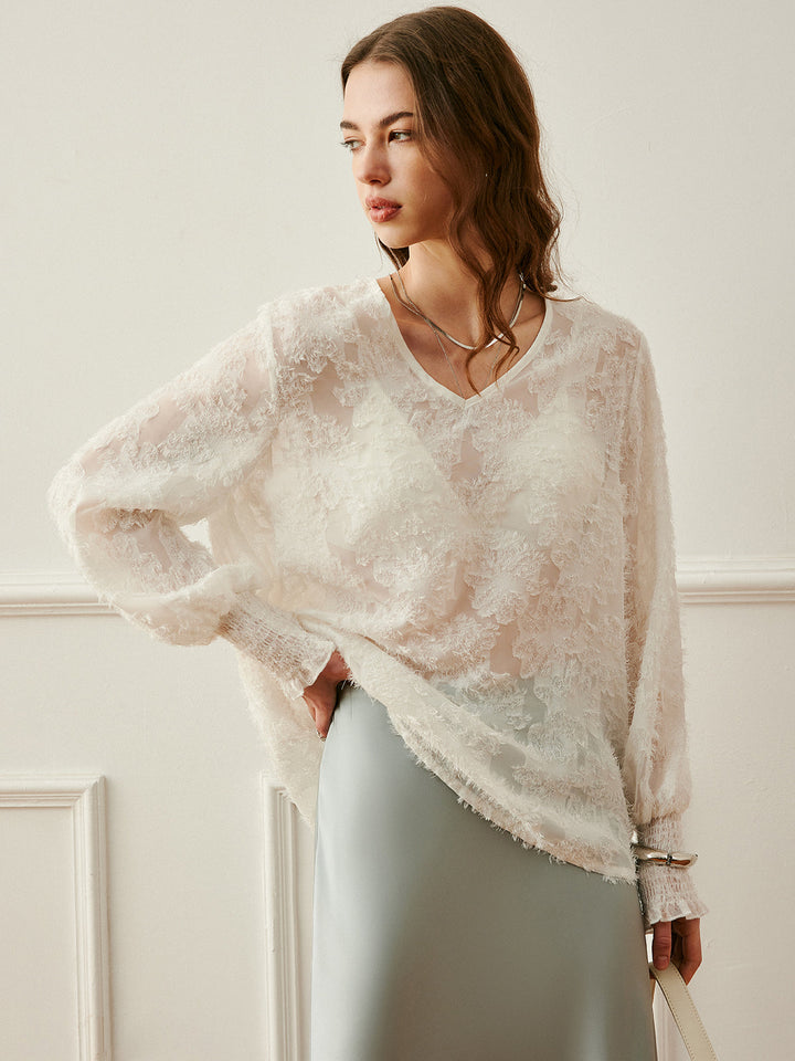 Semi-Sheer V-Neck Lantern Sleeve Embroidered Top