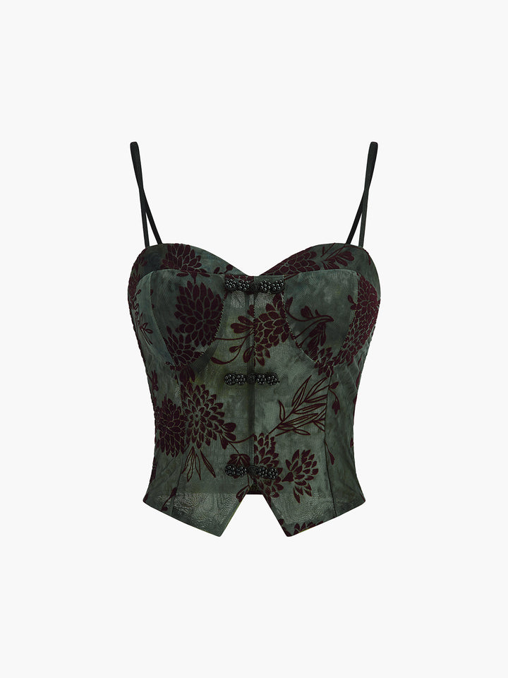 Semi-Sheer Button Detail Velvet Floral Cami Top
