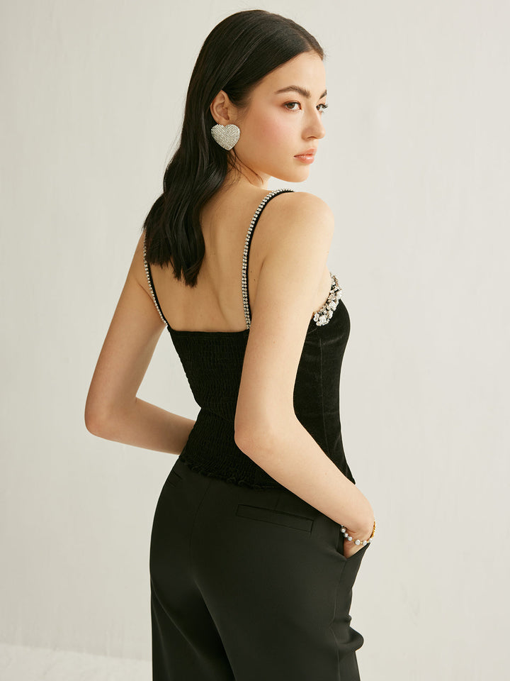 Rhinestone-Embellished Velvet Cami Top