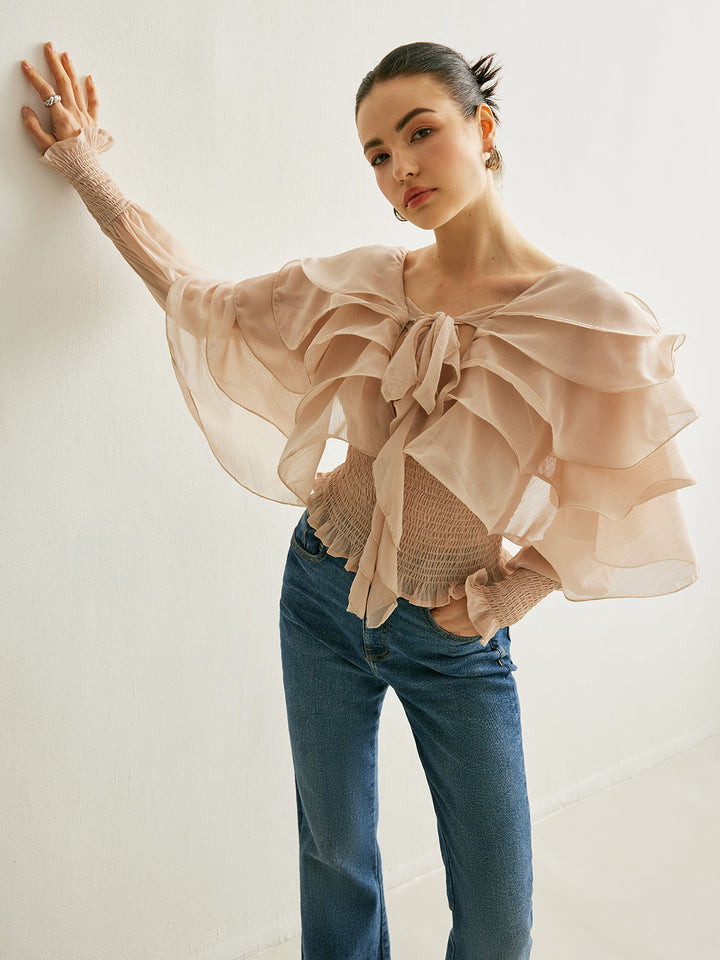 Semi-Sheer Chiffon Ruffle Backless Top