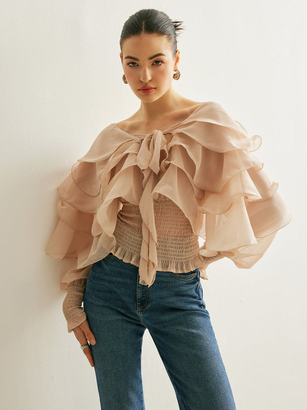 Semi-Sheer Chiffon Ruffle Backless Top