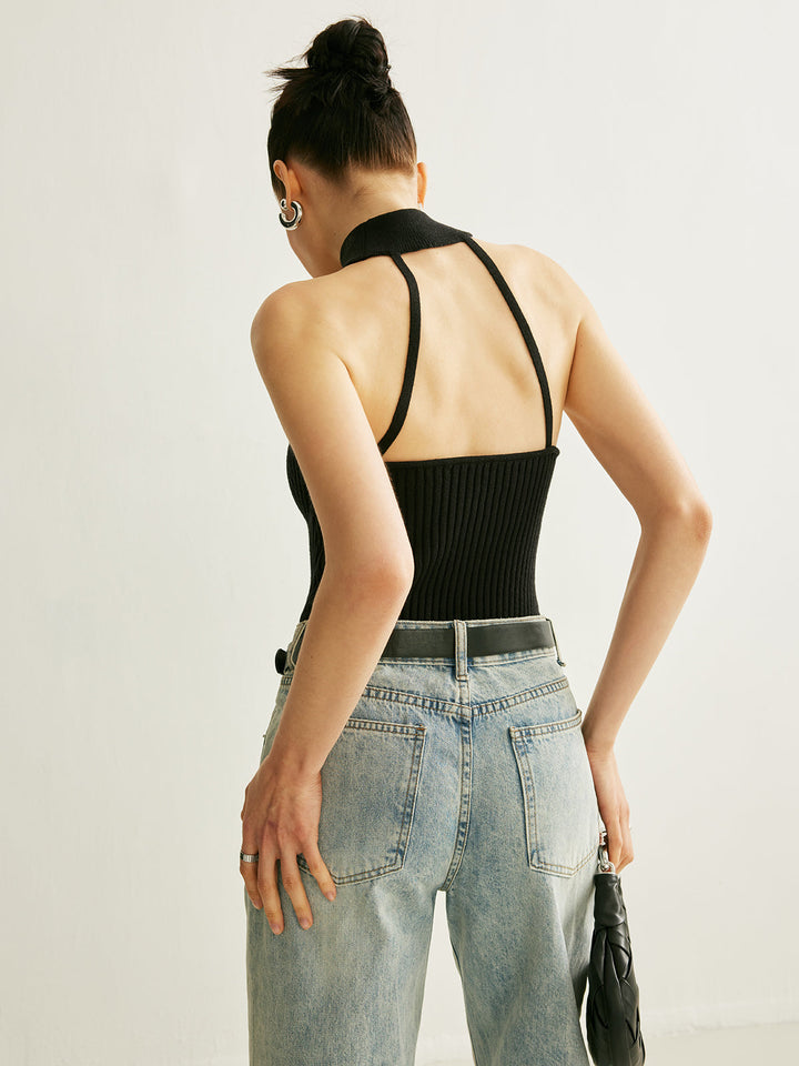 Ring Detail Ribbed Halter Top