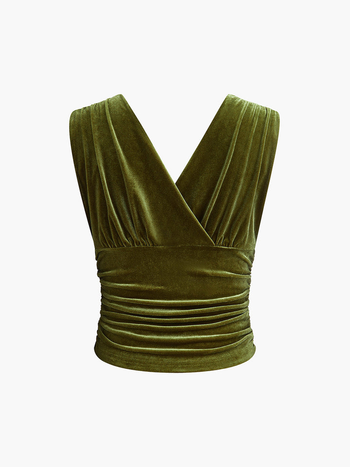 Velvet Pleated Cinched Waist Crop Tank Top