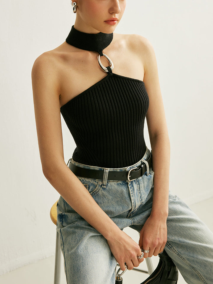 Ring Detail Ribbed Halter Top