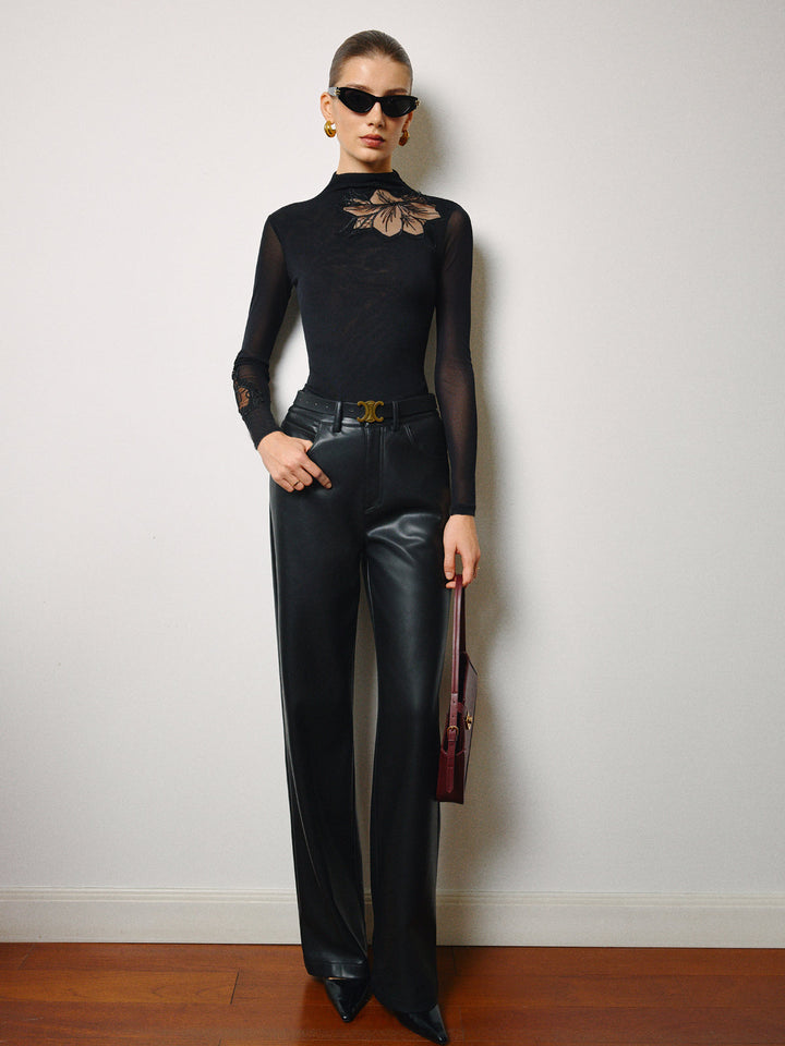 Semi-Sheer Mesh-Floral Slim Jersey Top