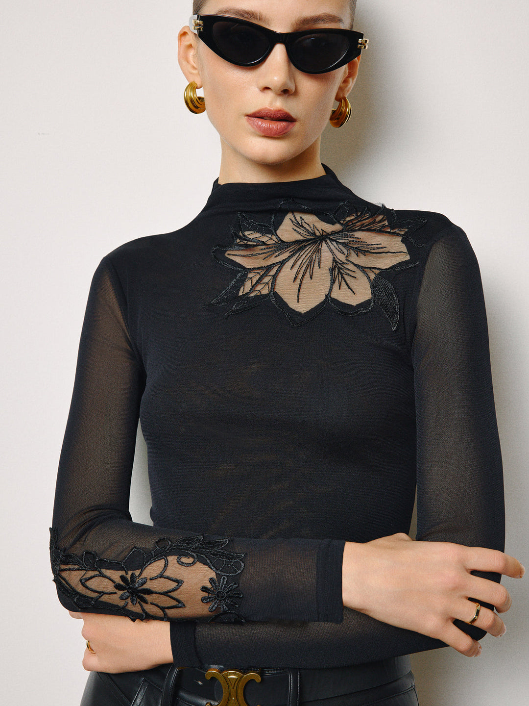 Semi-Sheer Mesh-Floral Slim Jersey Top