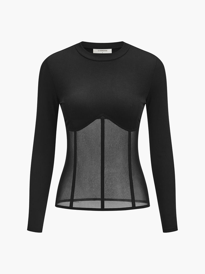 Sheer Mesh Combination Long Sleeve Top