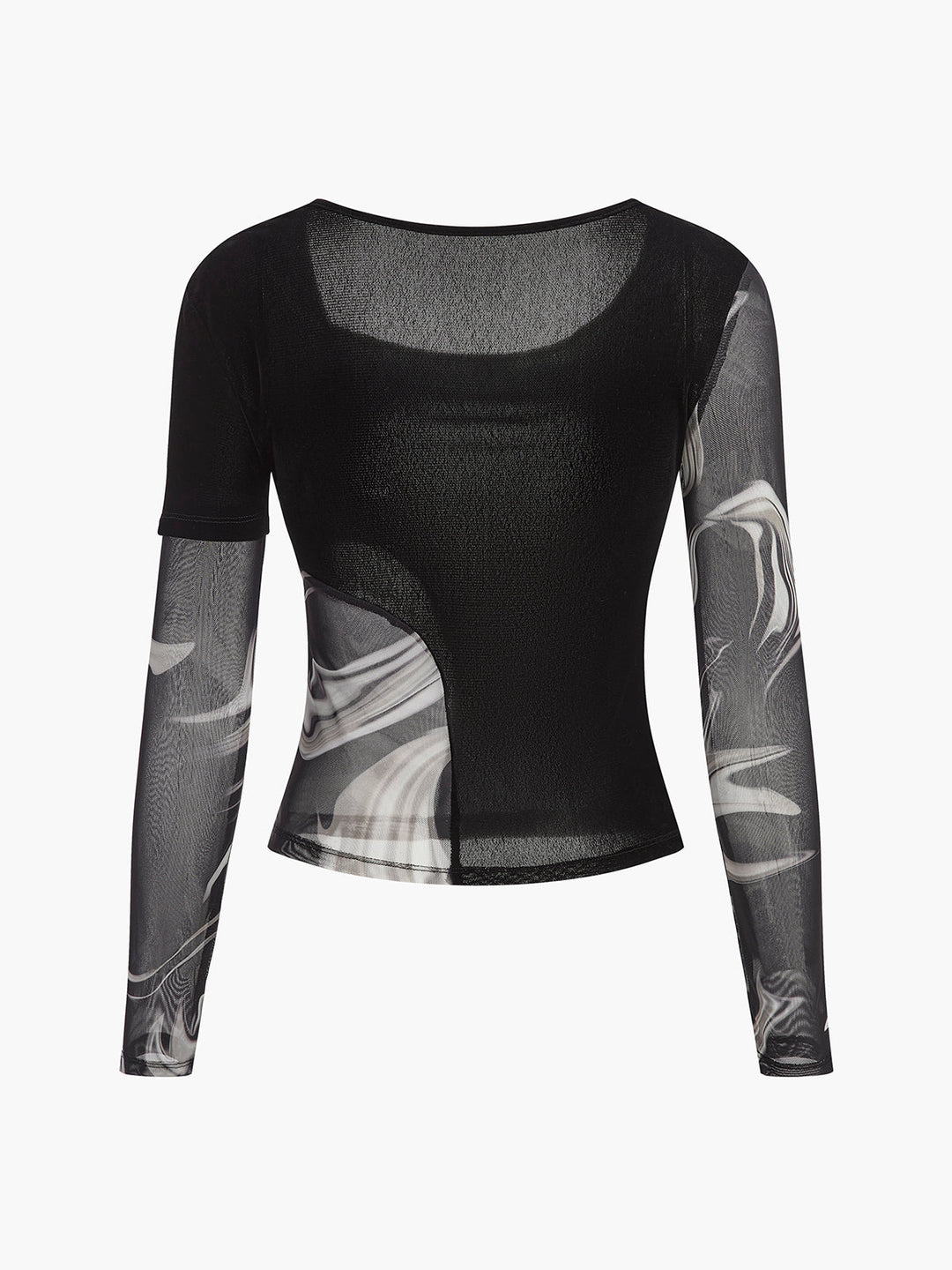 Semi-Sheer Geometric Printed Mesh Jersey Top