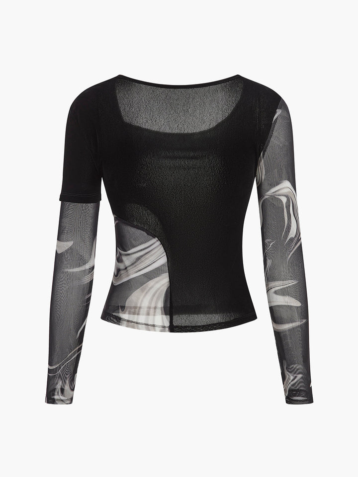 Semi-Sheer Geometric Printed Mesh Jersey Top