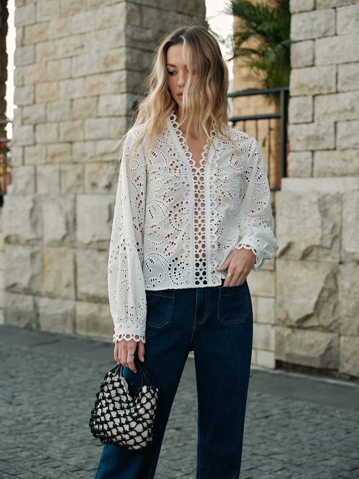 Semi-Sheer Embroidery Hollow-Out Detail Top