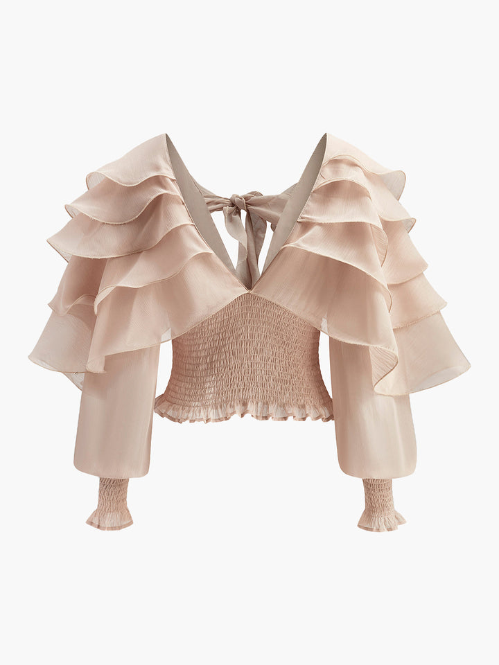 Semi-Sheer Chiffon Ruffle Backless Top