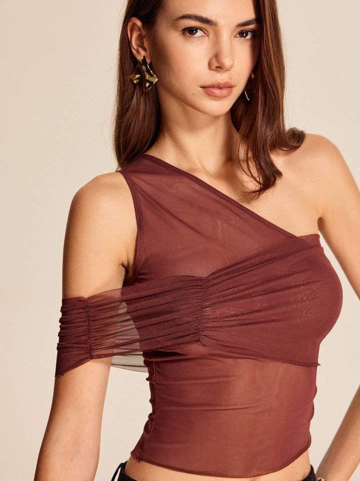 Semi-Sheer One-Shoulder Mesh Top