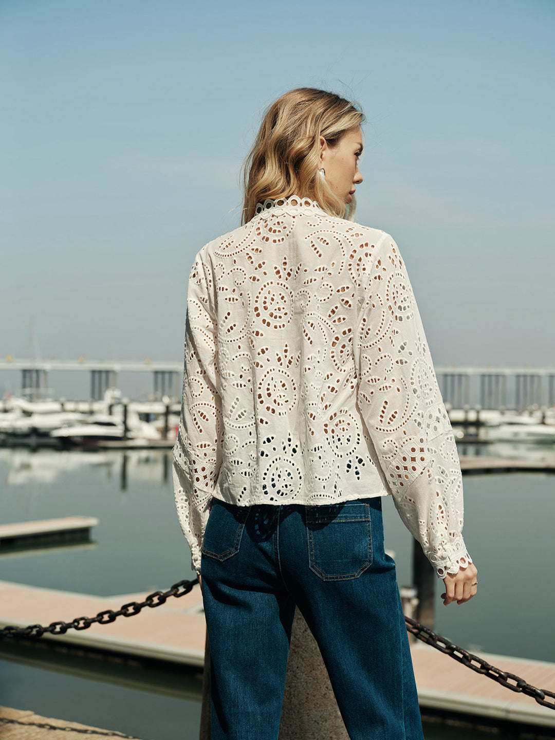 Semi-Sheer Embroidery Hollow-Out Detail Top