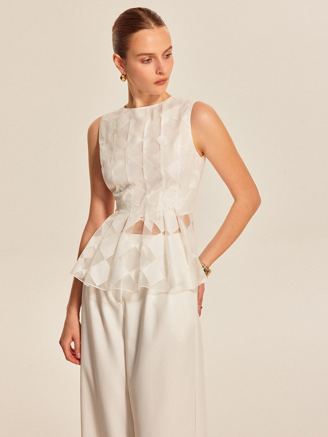 Semi-Sheer Geometric Peplum Top