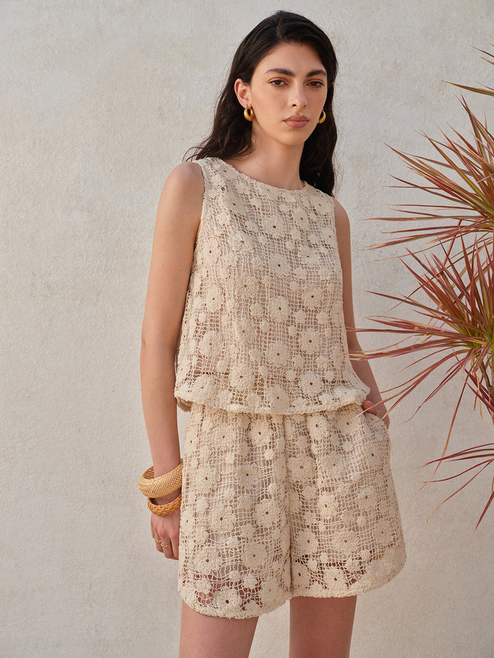 Floral Lace Sleeveless Shorts Set
