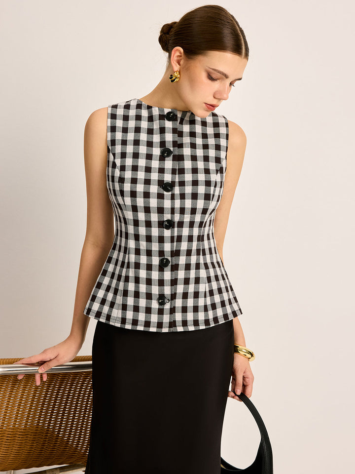 Plaid Button Back Tie Top