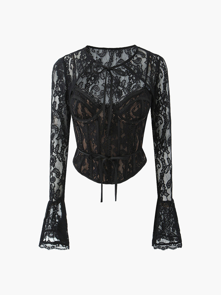 Semi-Sheer Sweetheart Neck Lace Tie Top