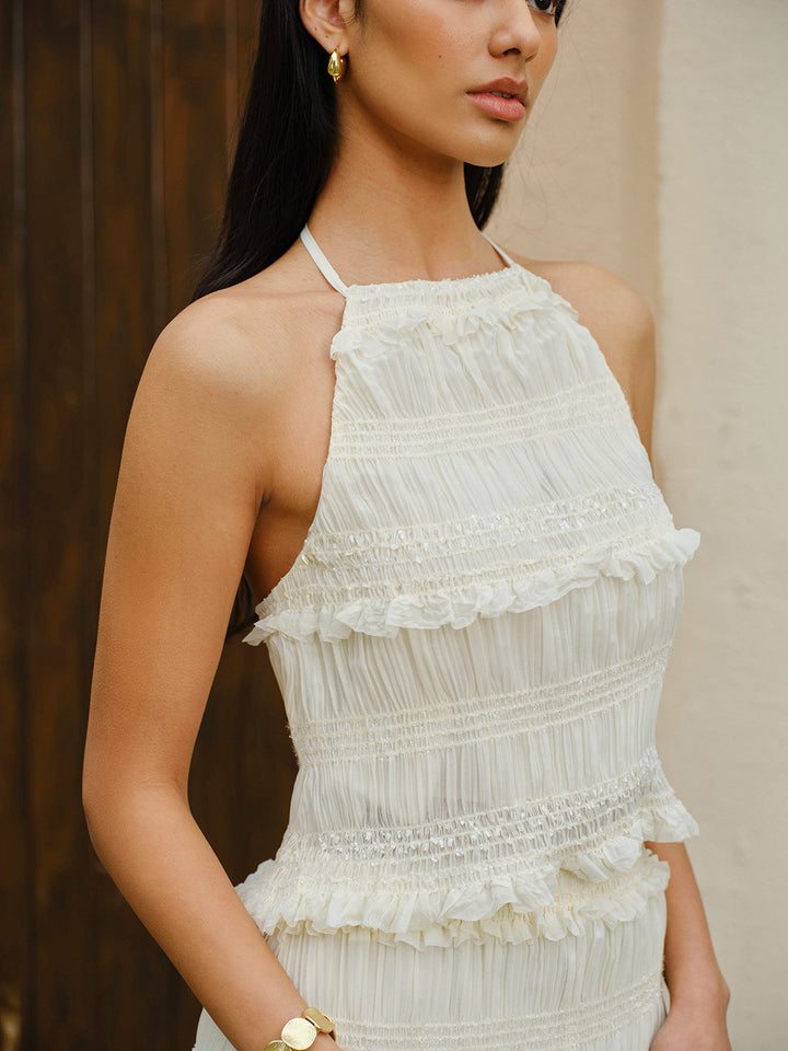 Smocked Halter Crop Top With Tiered Skirt Set