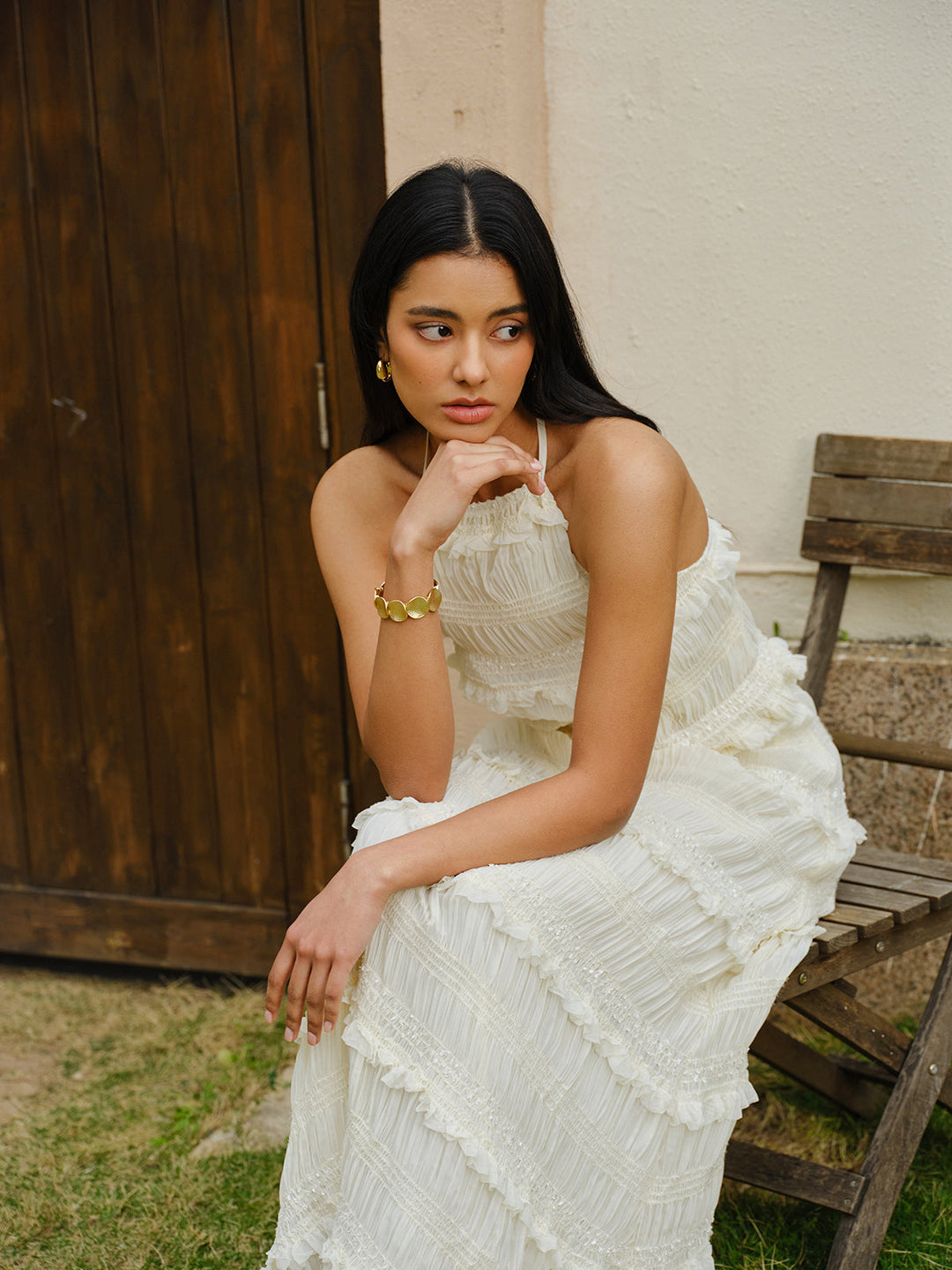 Smocked Halter Crop Top With Tiered Skirt Set