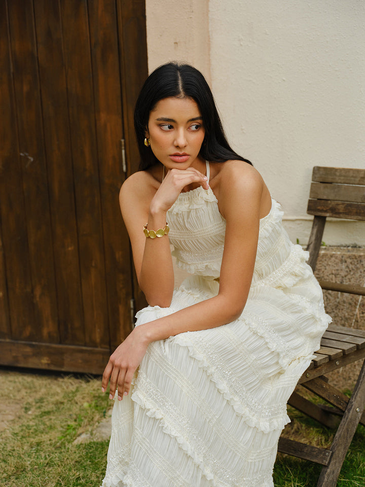 Smocked Halter Crop Top With Tiered Skirt Set