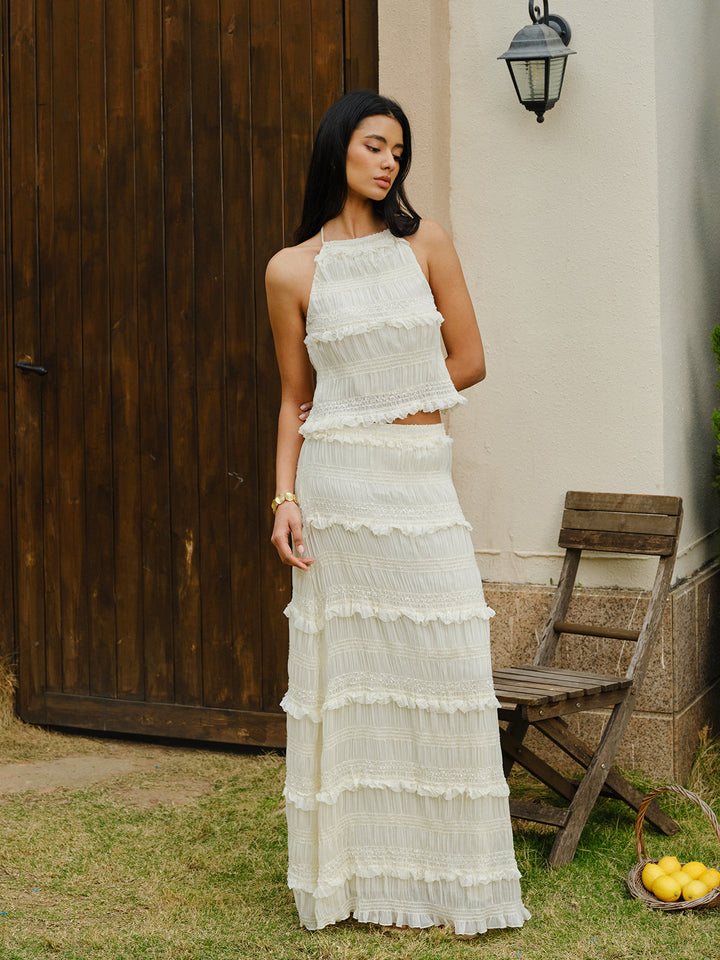 Smocked Halter Crop Top With Tiered Skirt Set